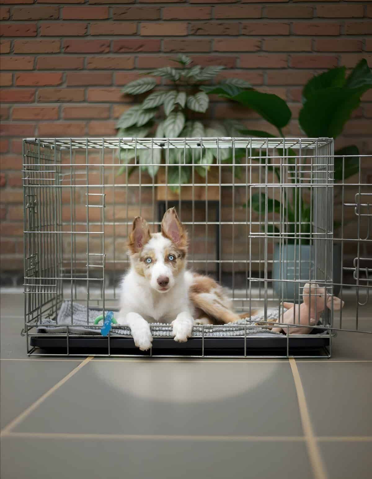 Adorable border collie mix puppy inside a metal dog crate, surrounded by plants and indoor decor.