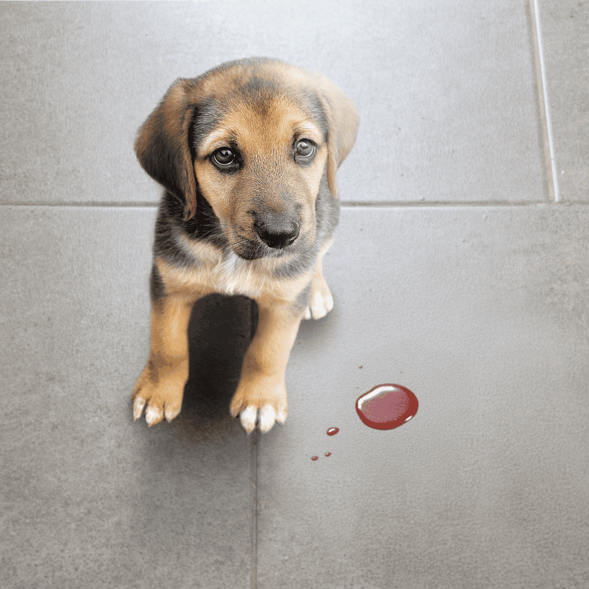 Adorable puppy with a sad expression and spilled blood on the floor, highlighting pet rescue situation.
