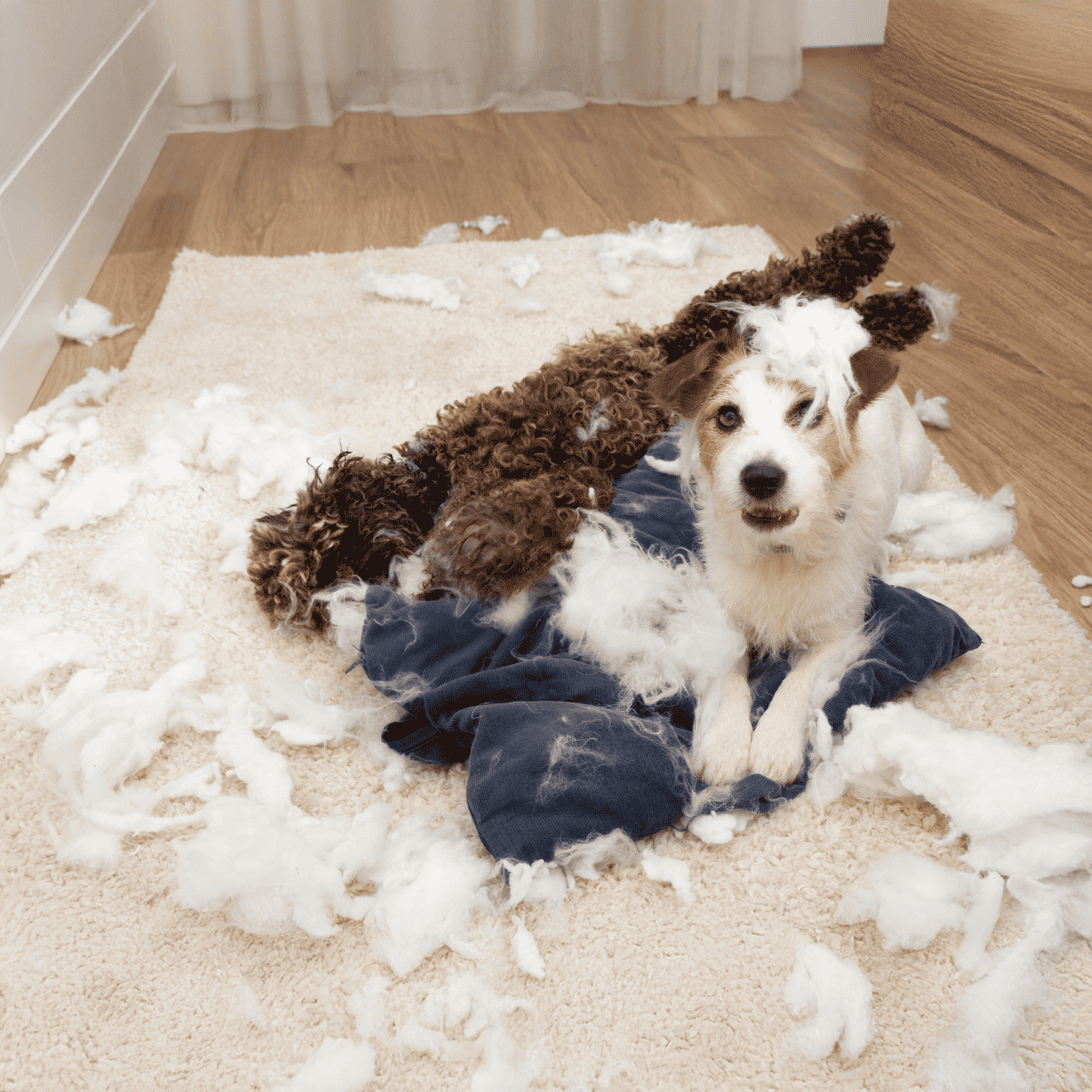 Fun puppy grooming mishap with fur scattered on the floor and a playful puppy in the image.