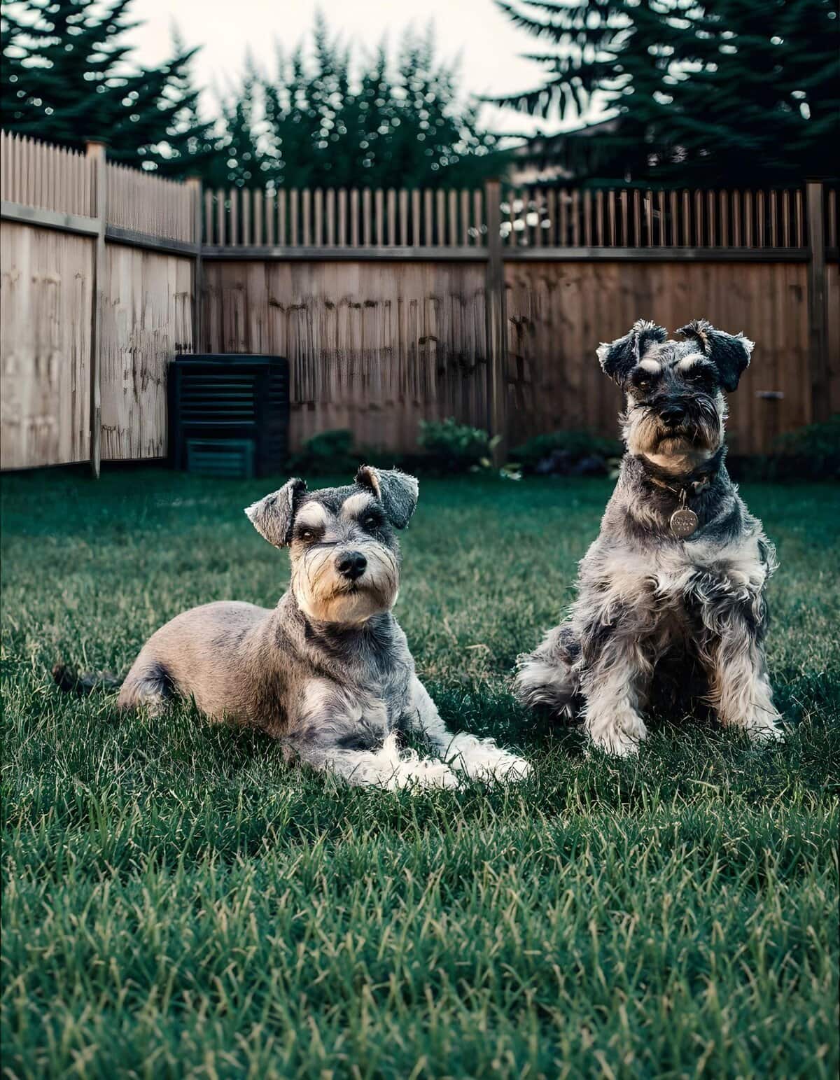 Adorable schnauzer and mixed breed dogs resting on lush green grass in a private backyard.