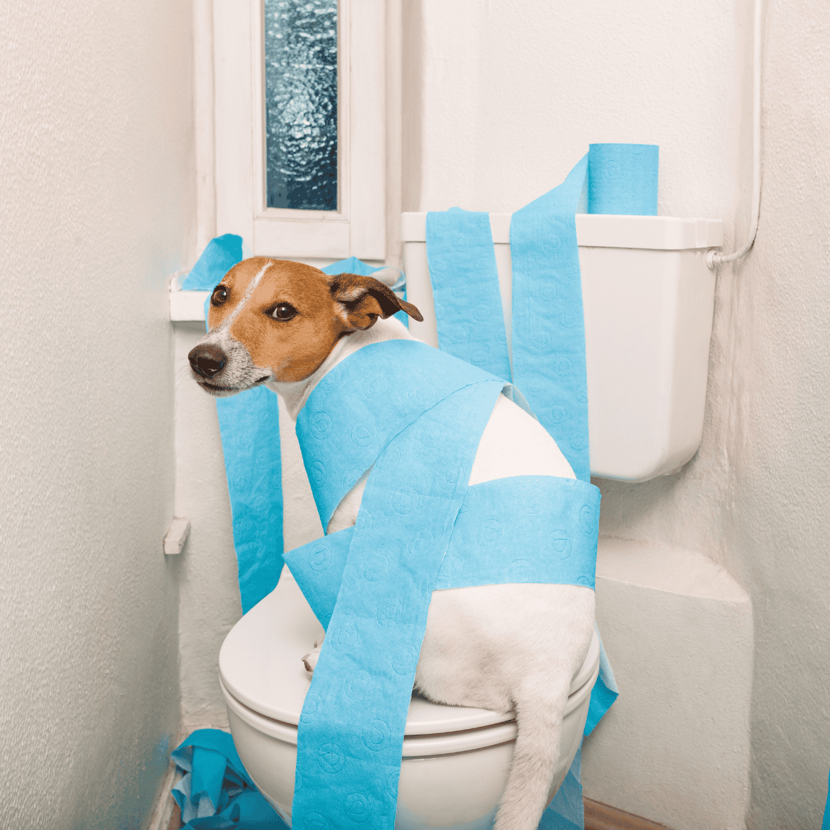 Dog sitting on toilet with blue toilet paper, indoor pet hygiene, funny dog meme.