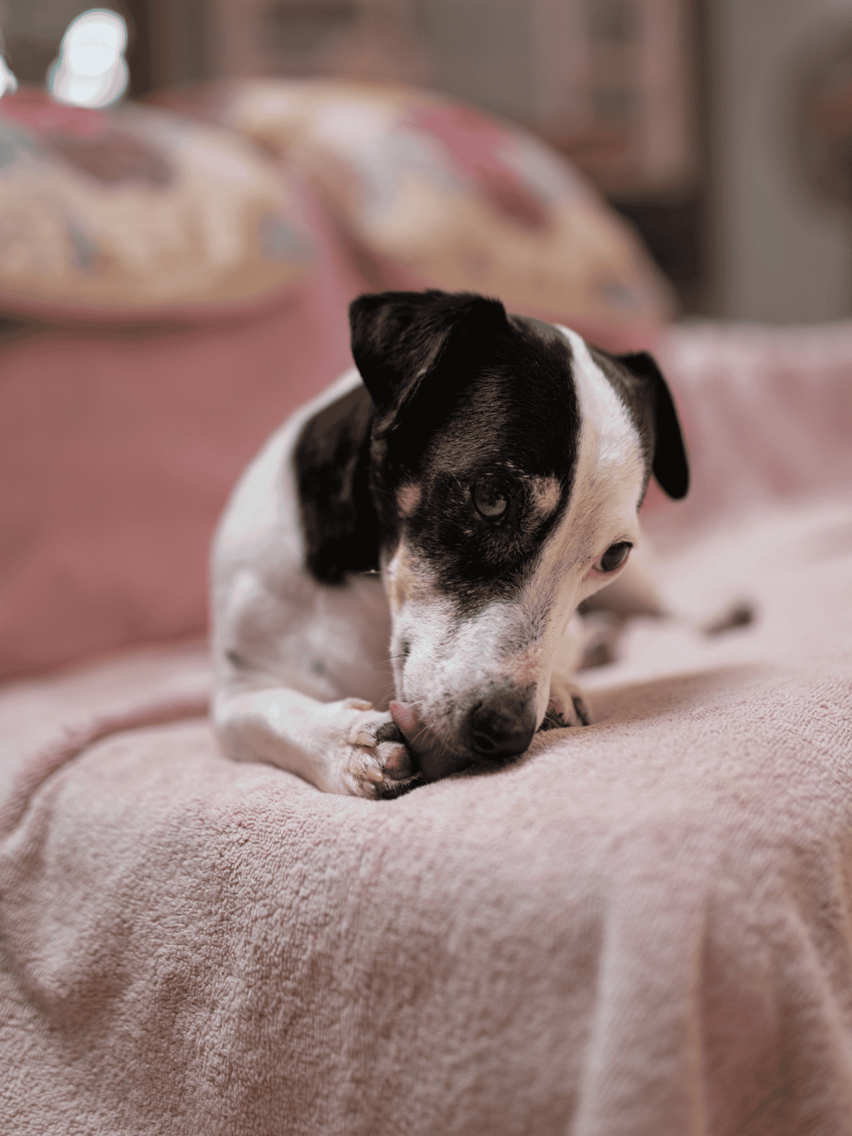 Adorable black and white dog resting on a soft pink blanket.