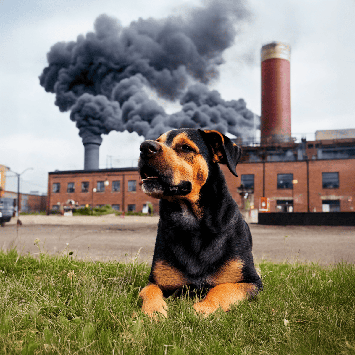 Dog with alert expression near industrial pollution and black smoke in the background.
