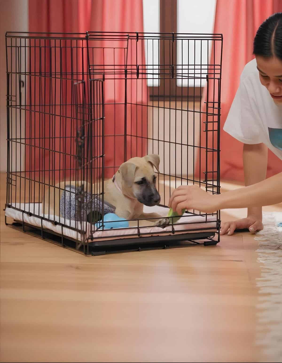 Dog crate, puppy training, pet crate, dog accessories, crate with toys.