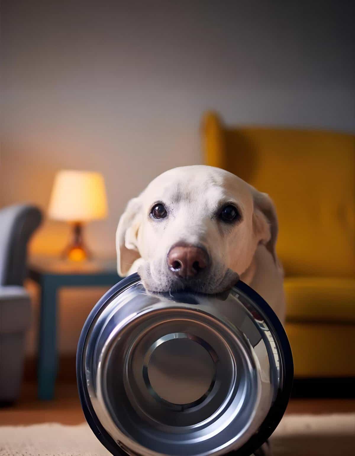 Dog dogfood container, Labrador, pet care, dog feeding, indoor pet accessories.