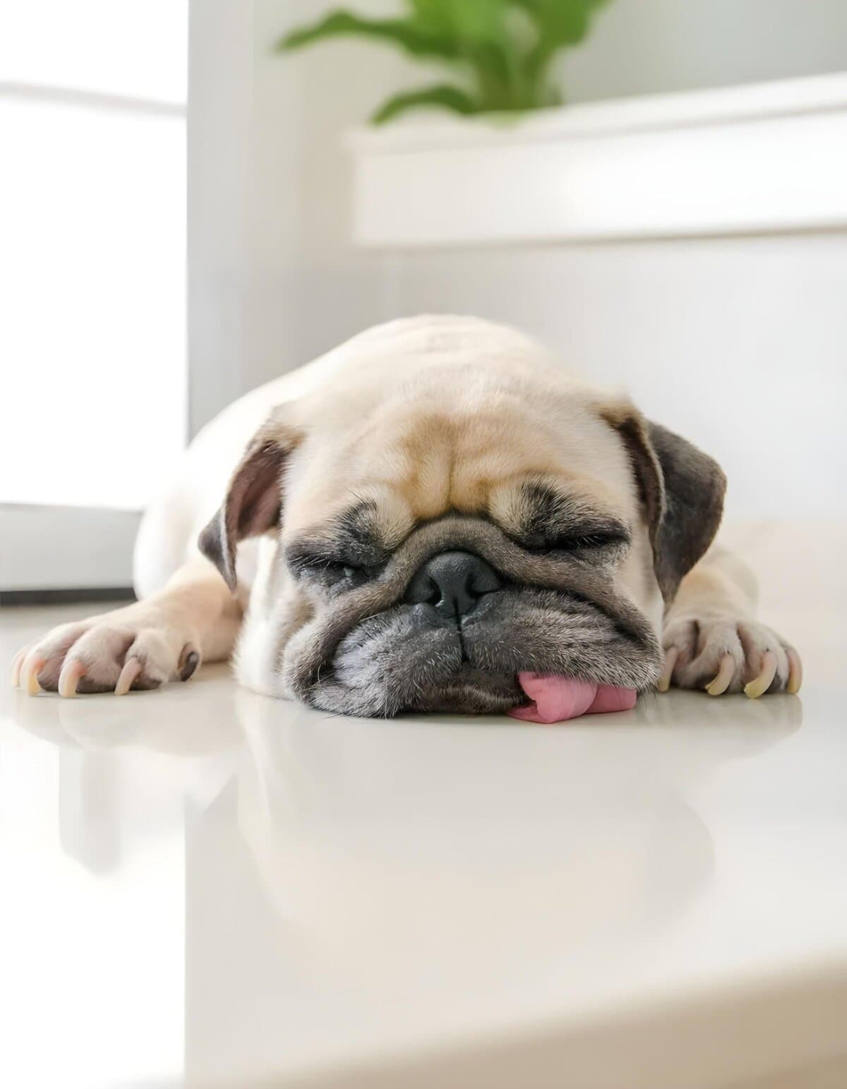 Adorable bulldog puppy resting on a clean, minimalistic surface for dog care.
