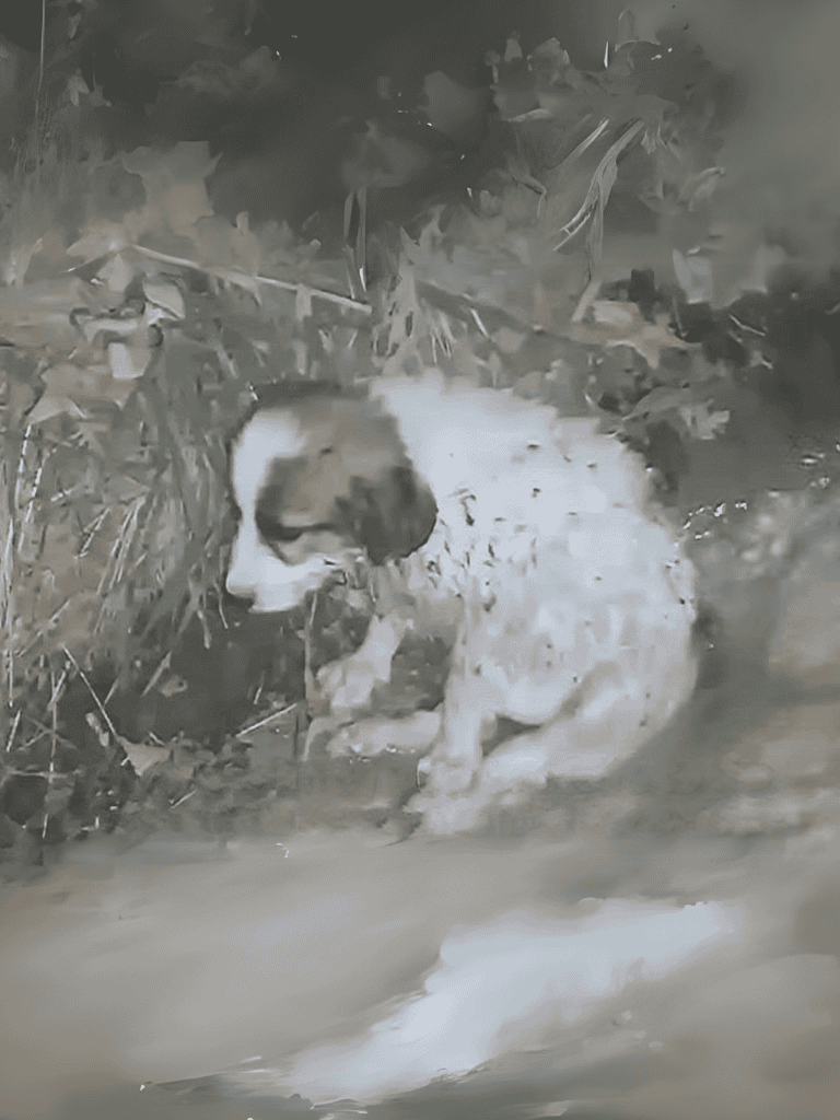 Adorable little dog drinking water by a river or pond.