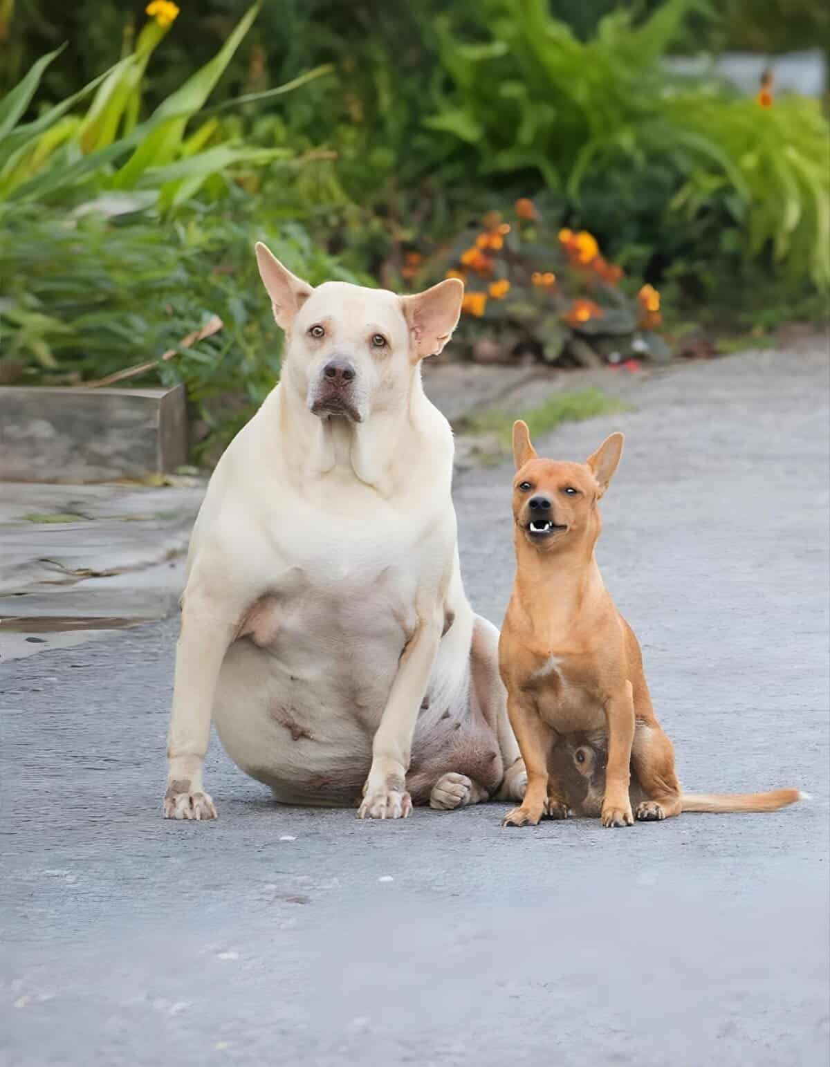 Adorable dogs sitting on a garden path with lush greenery and flowers behind them.