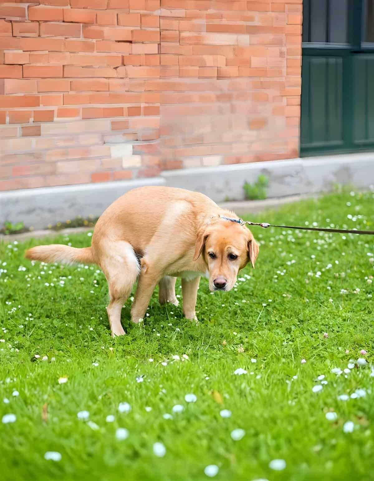 Labrador retriever puppy on a leash in a grassy yard with a brick wall background.