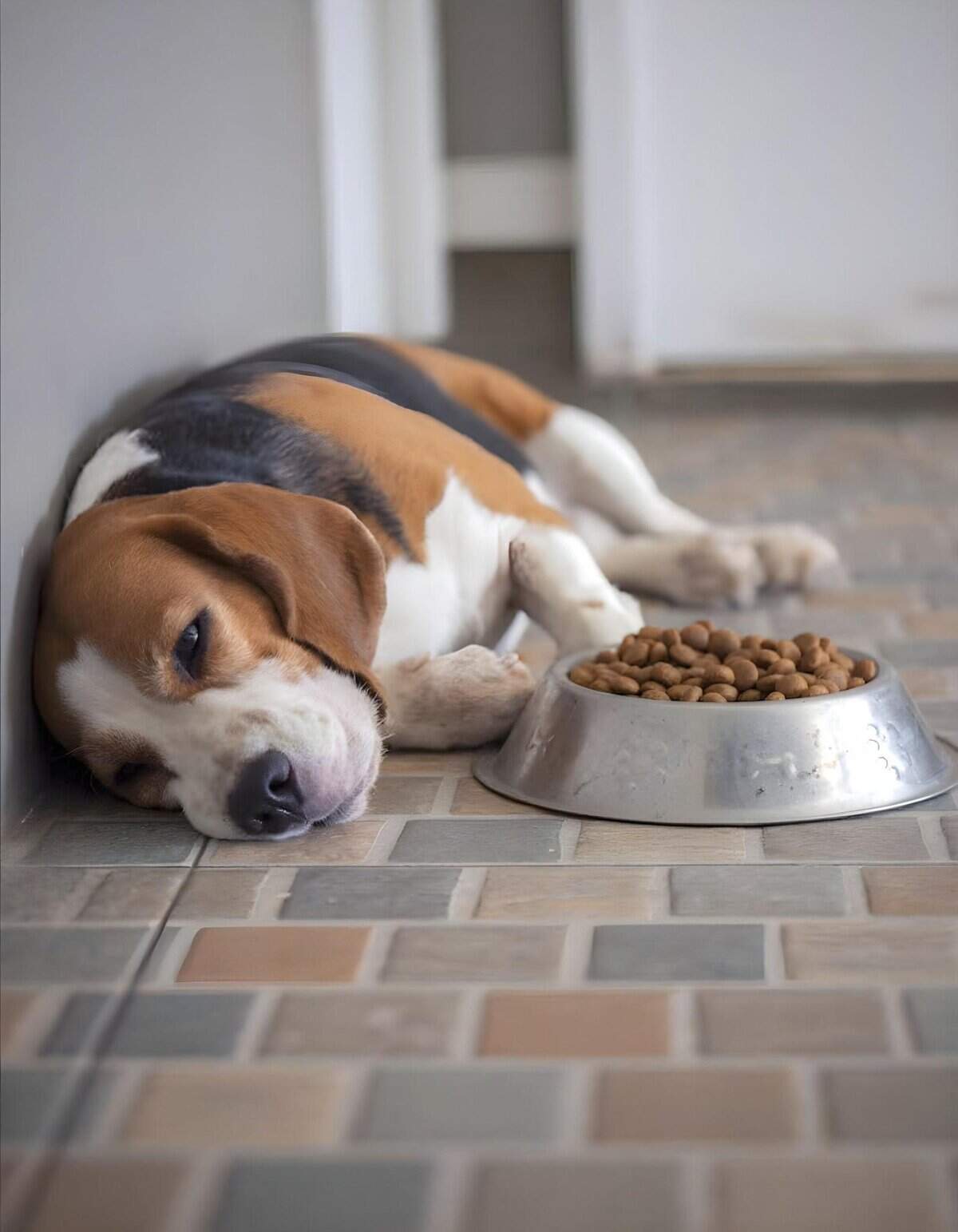 Adorable beagle dog resting with food bowl, pet relaxation, dog food, kennel life, pet care.