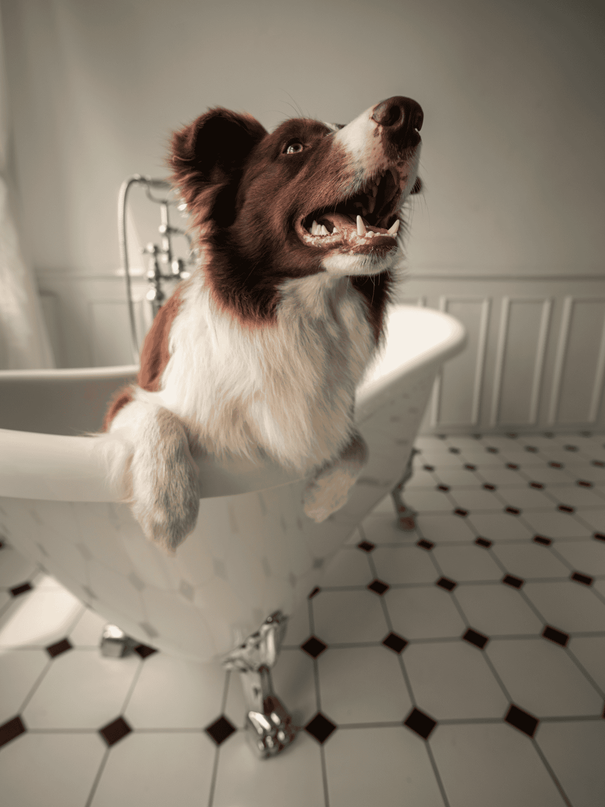 Happy Australian Shepherd dog enjoys bath time in vintage clawfoot tub.