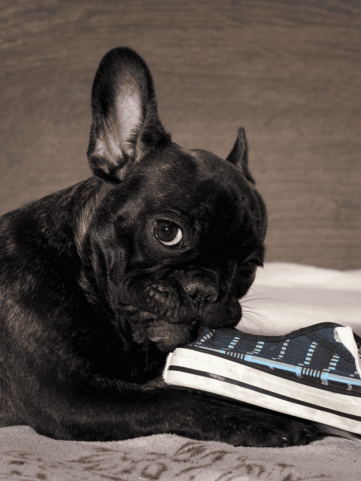 Adorable French Bulldog puppy with unique facial features resting on a soft surface, playing with a shoe.