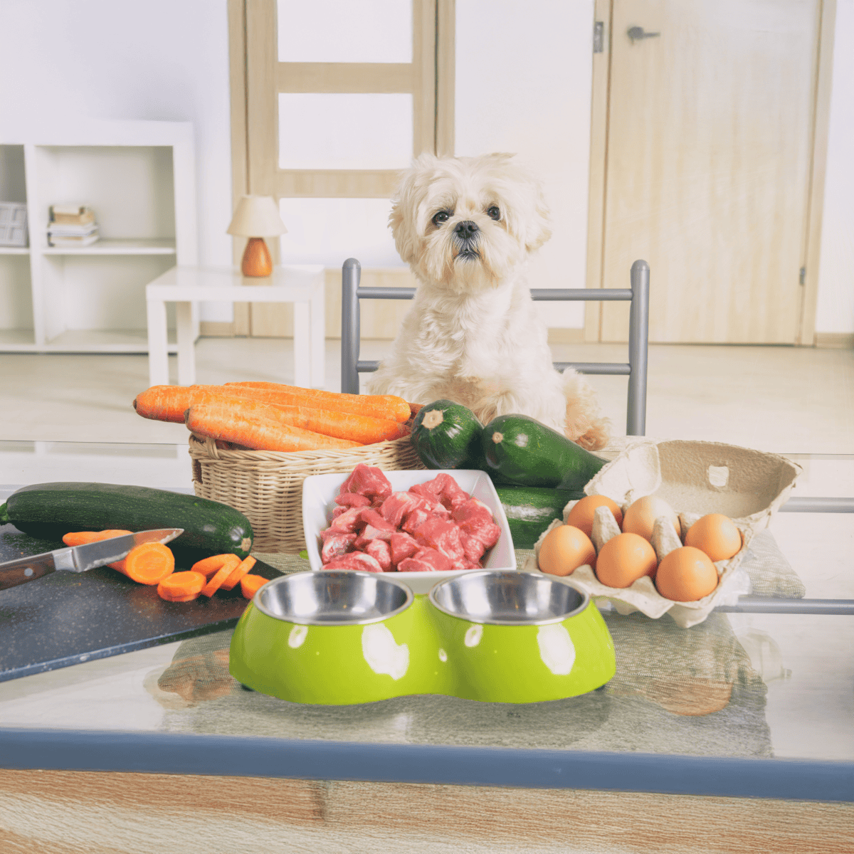 Cute dog with fresh vegetables and meat for homemade pet food.