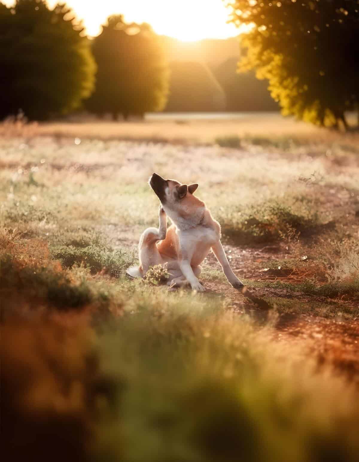 Dog playing outdoors during sunset, enjoying nature and fresh air.