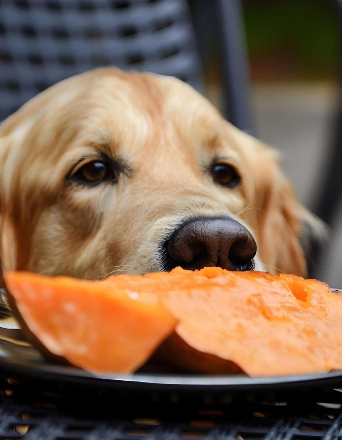 Playful golden retriever dog sniffs a slice of fresh pumpkin outdoors. Perfect for dog nutrition and healthy treats.