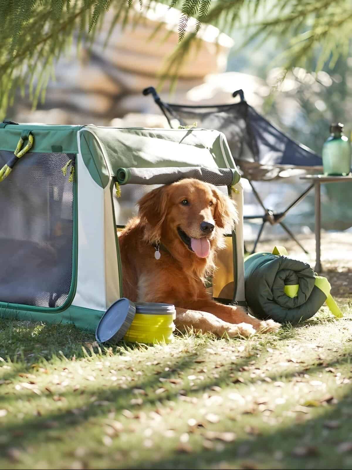 Dog camping outdoor with pet gear and tent, happy Golden Retriever relaxing in nature.
