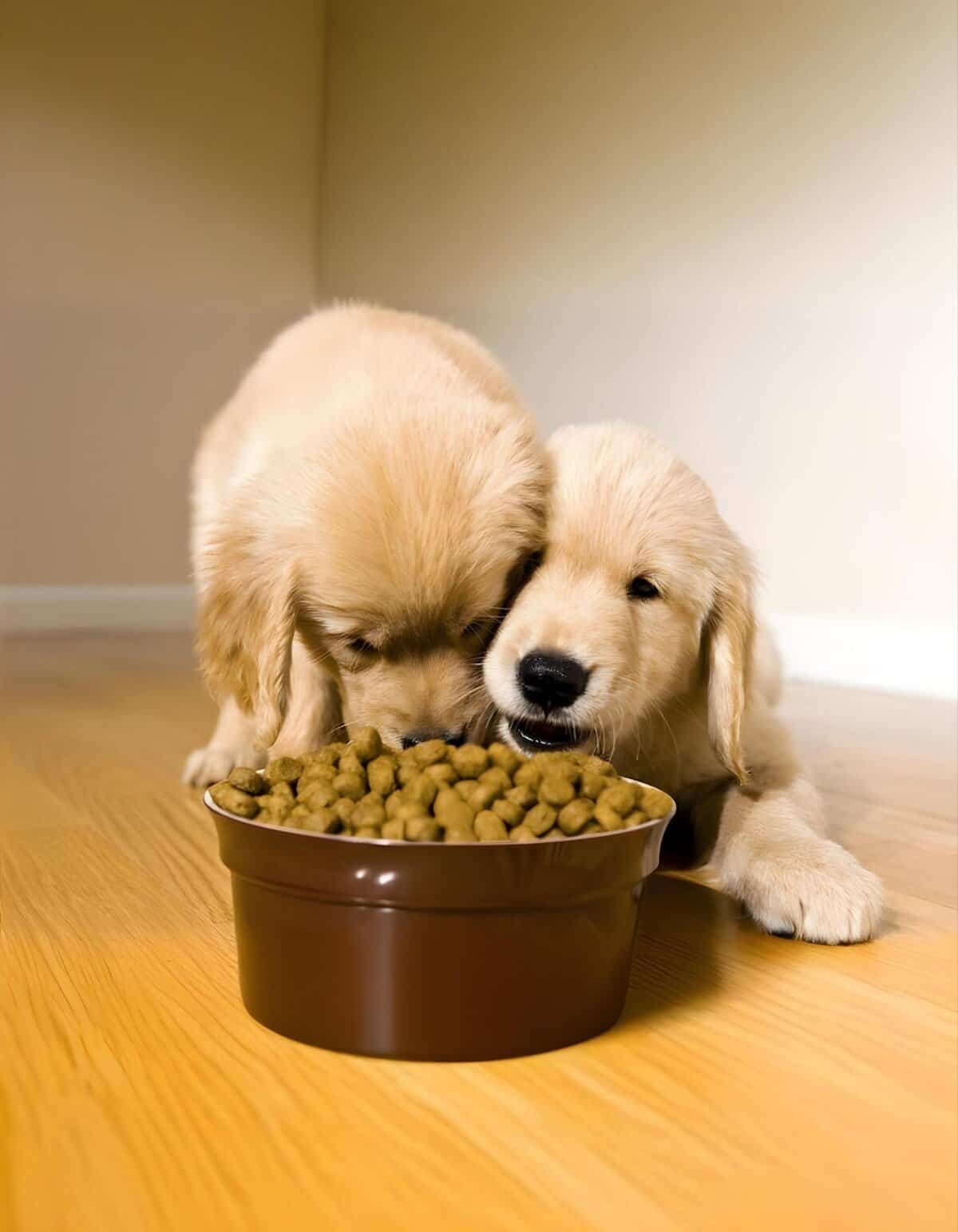 Adorable golden retriever puppies enjoying mealtime with fluffy coats and happy expressions.