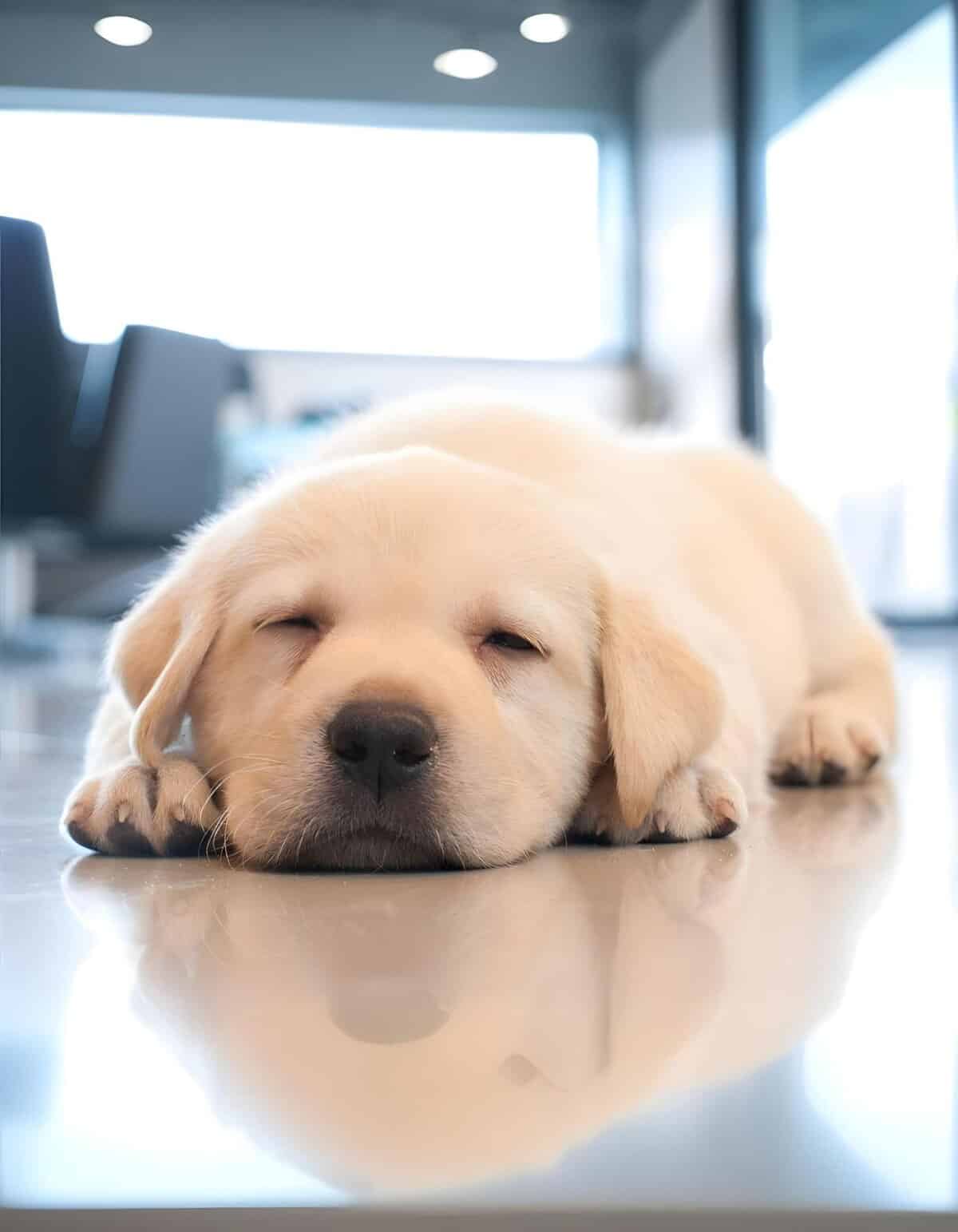 Adorable Labrador puppy resting peacefully indoors, perfect for pet comfort and relaxation.