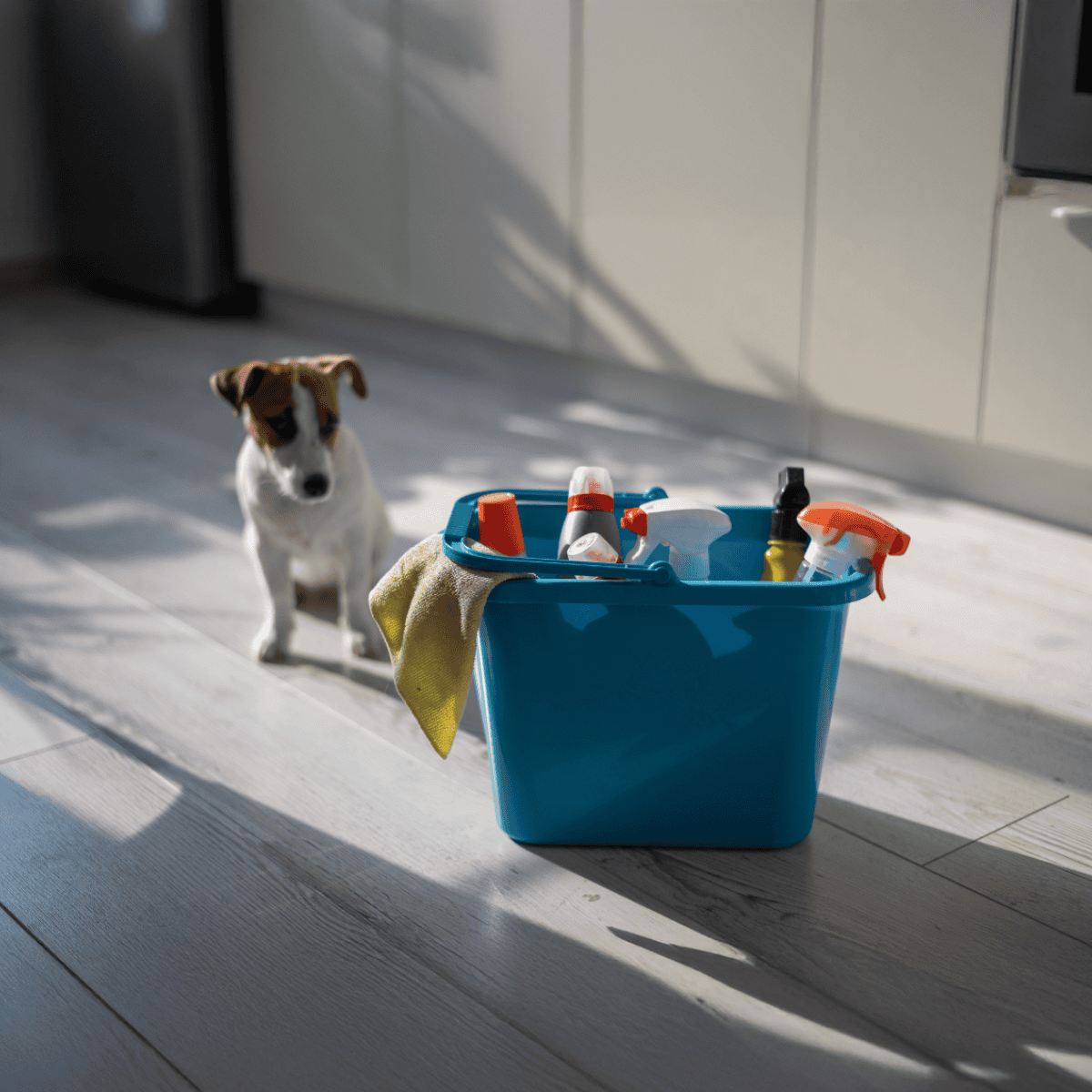 Portable pet grooming kit with cleaning supplies and towels for dog care.