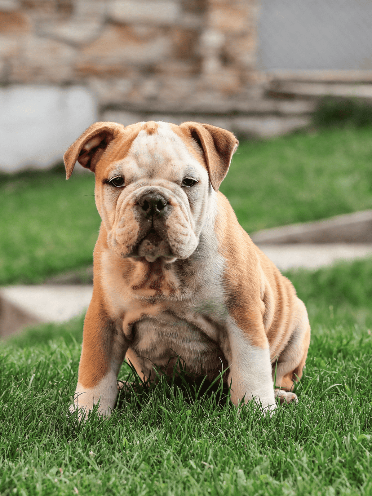Adorable Bulldog puppy sitting on green grass outdoors. Perfect for pet care, puppy training, or dog breed articles.