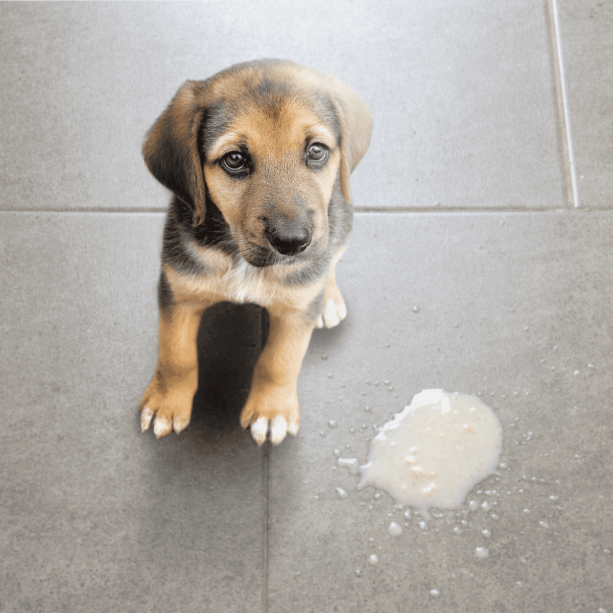 Adorable puppy with a urine stain on the tile floor, highlighting the importance of proper dog potty training.