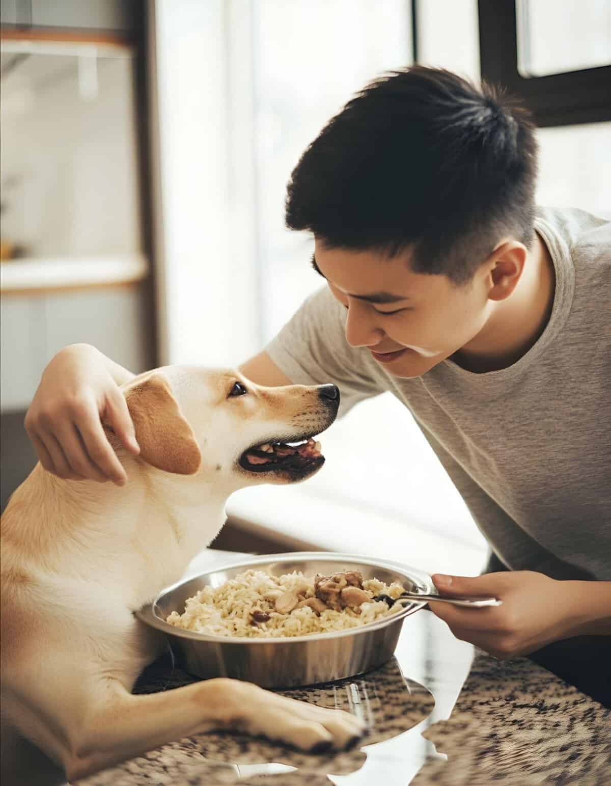 Adorable moment of a young man giving a treat to his happy Labrador dog during mealtime.