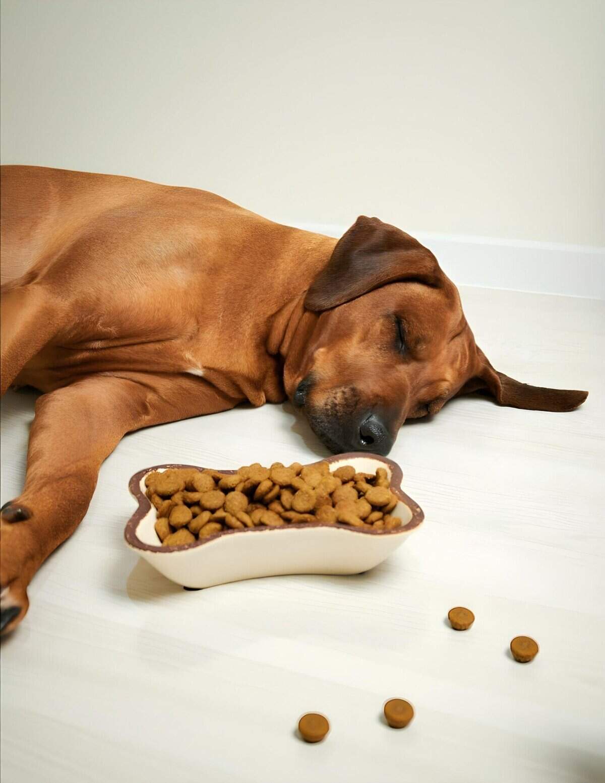 Dog relaxing with a meal of kibble on a clean, minimalist surface.