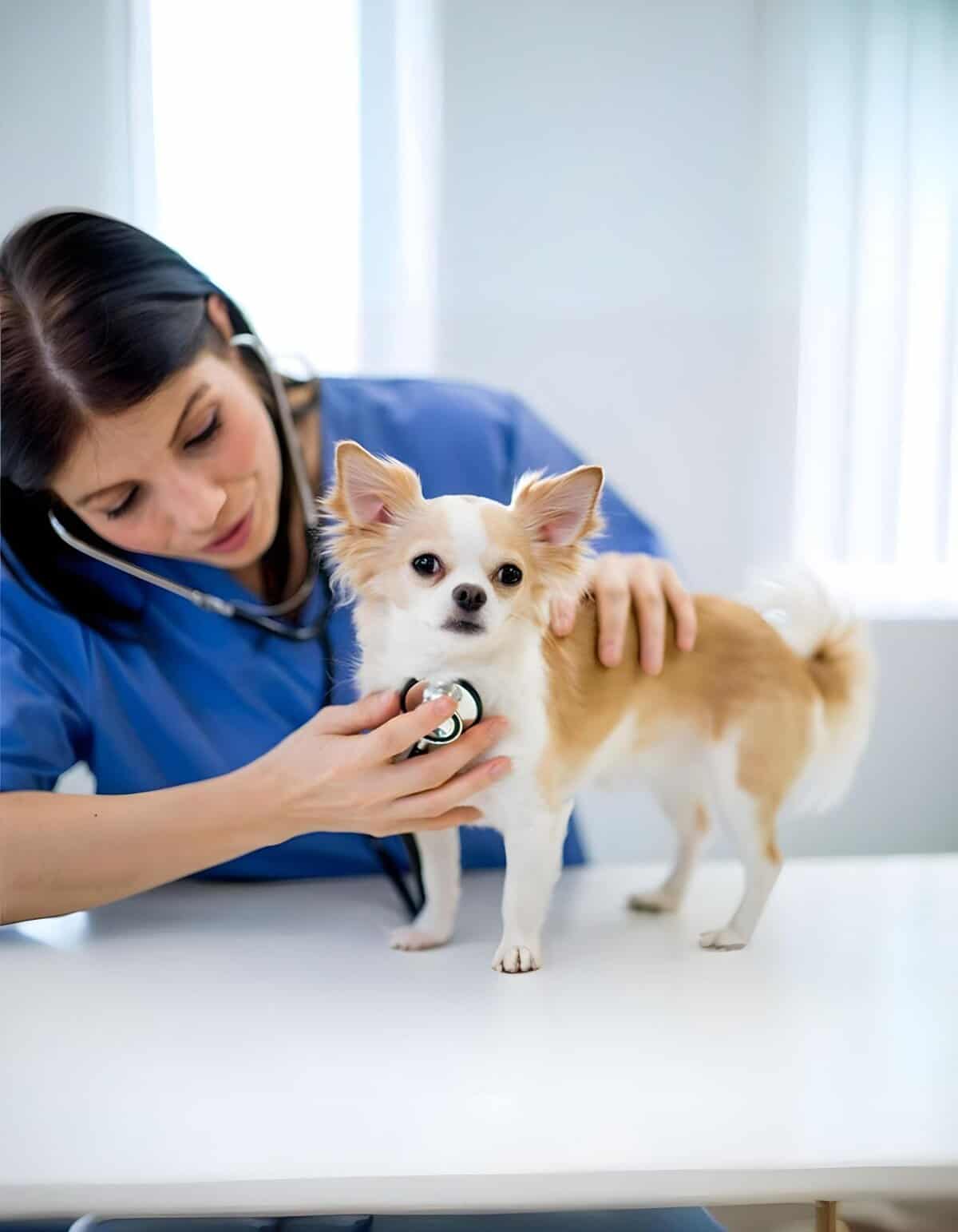 Veterinary technician listening to small dog’s heart at clinic.