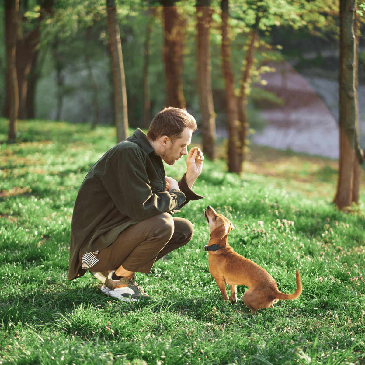 Man crouching with a dog in a lush green park during daytime, engaging in play and bonding.