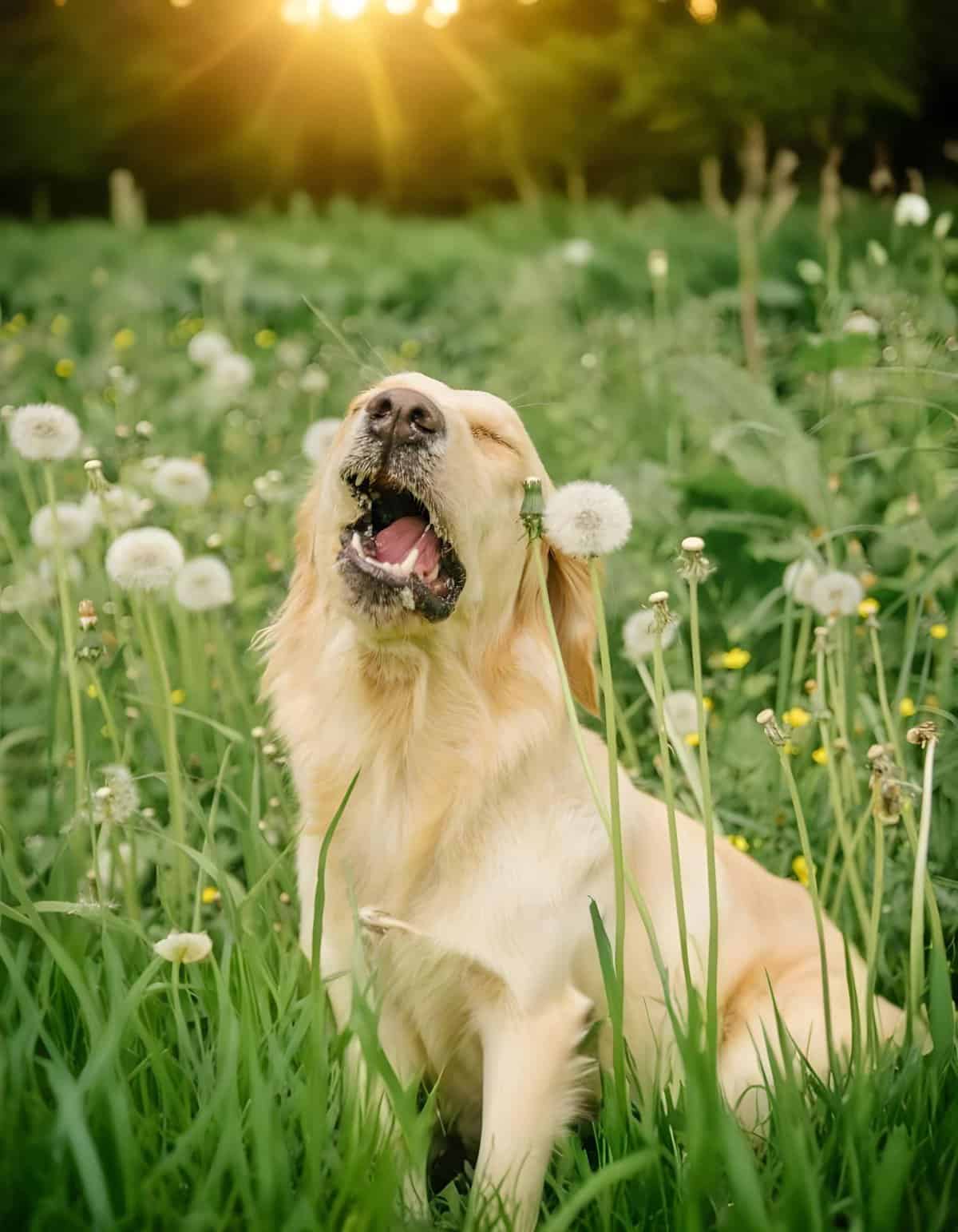 Dog enjoying a sunny outdoor moment surrounded by dandelions in a lush green field.