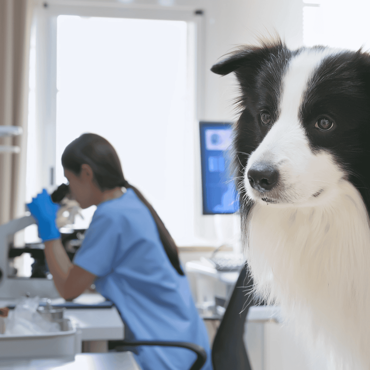 Dog and veterinarian in a clinic setting, emphasizing pet health and veterinary services.
