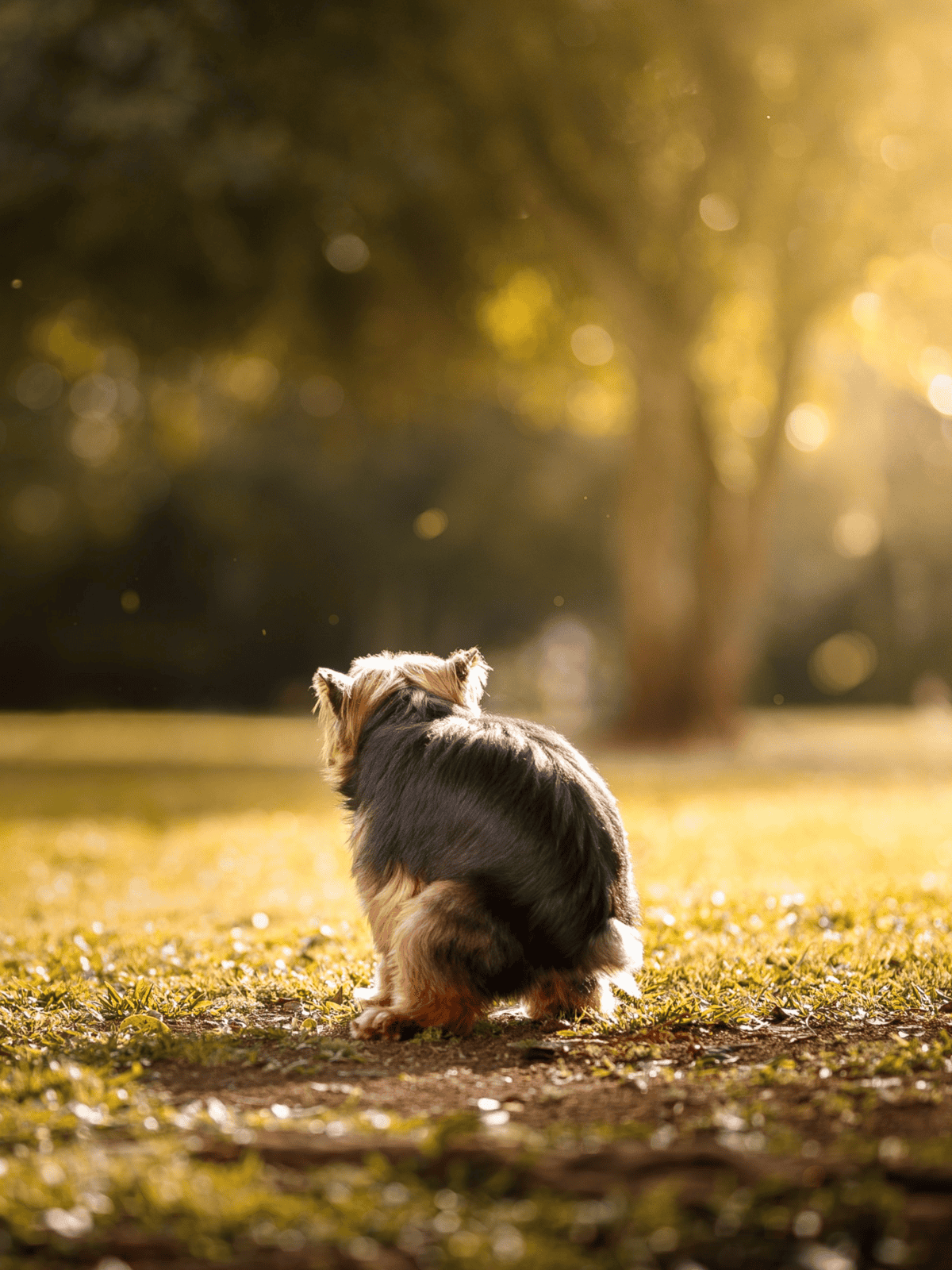 Adorable small dog sitting on a grassy path in a sunlit park, perfect for outdoor dog walks and pet care.