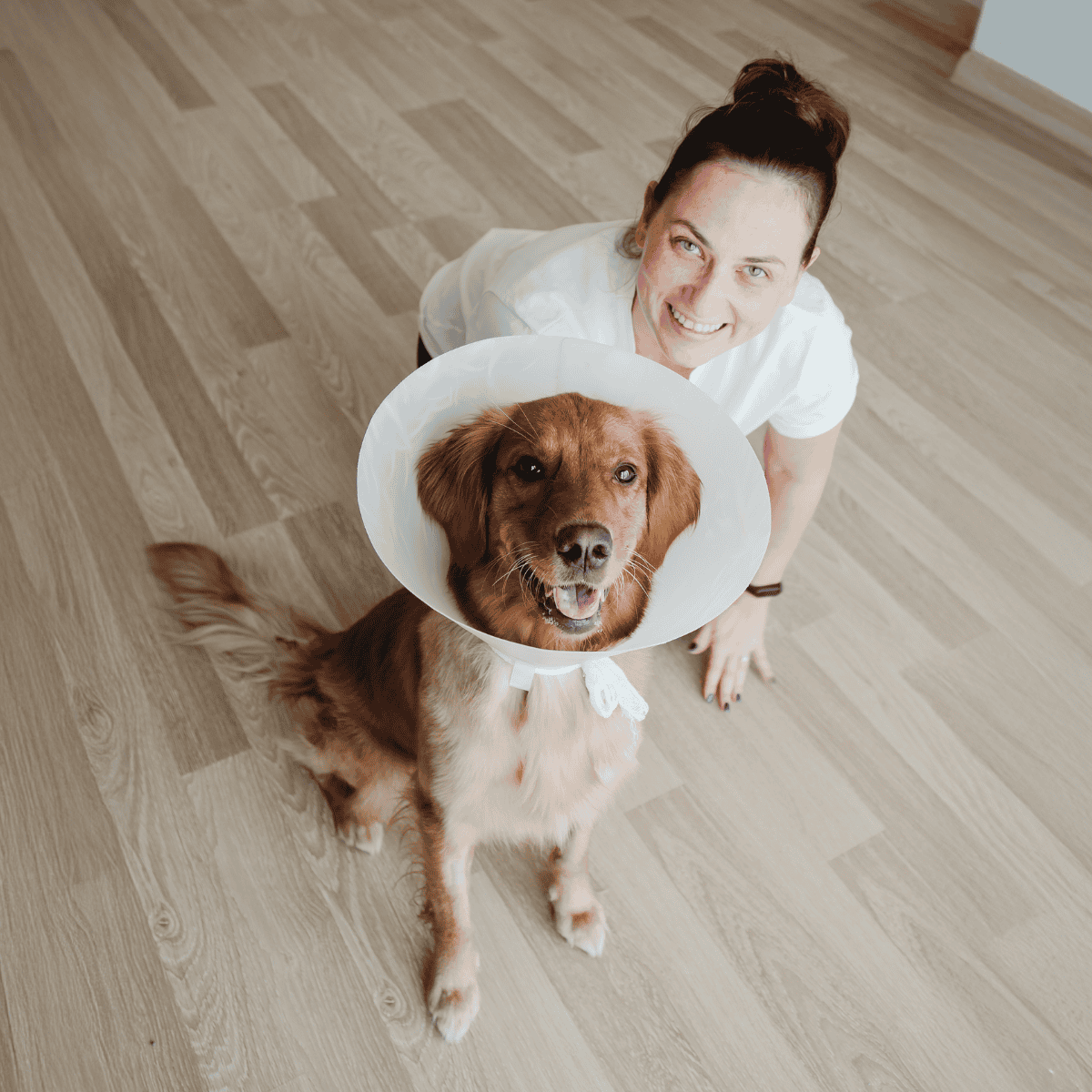 Happy woman and dog with cone collar.