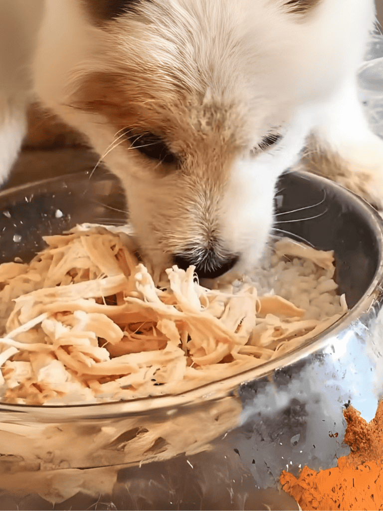 Close-up of a Shiba Inu dog enjoying shredded chicken in a stainless steel bowl.