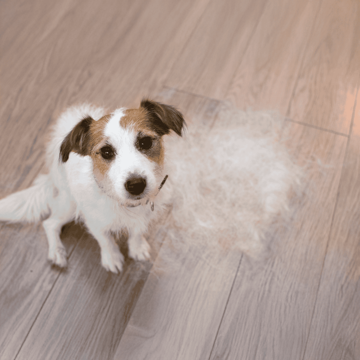 Adorable small dog looks up with curious eyes on a wooden floor, emphasizing pet training solutions.