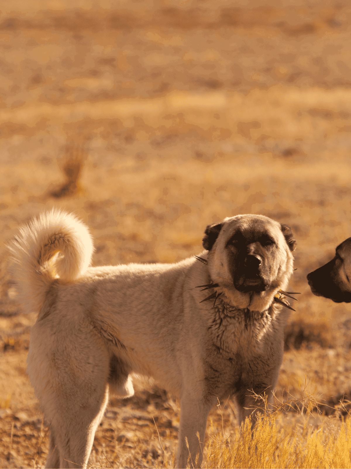 Dog with spiked collar and fluffy tail in arid desert landscape, golden sunlight illuminating the scene.