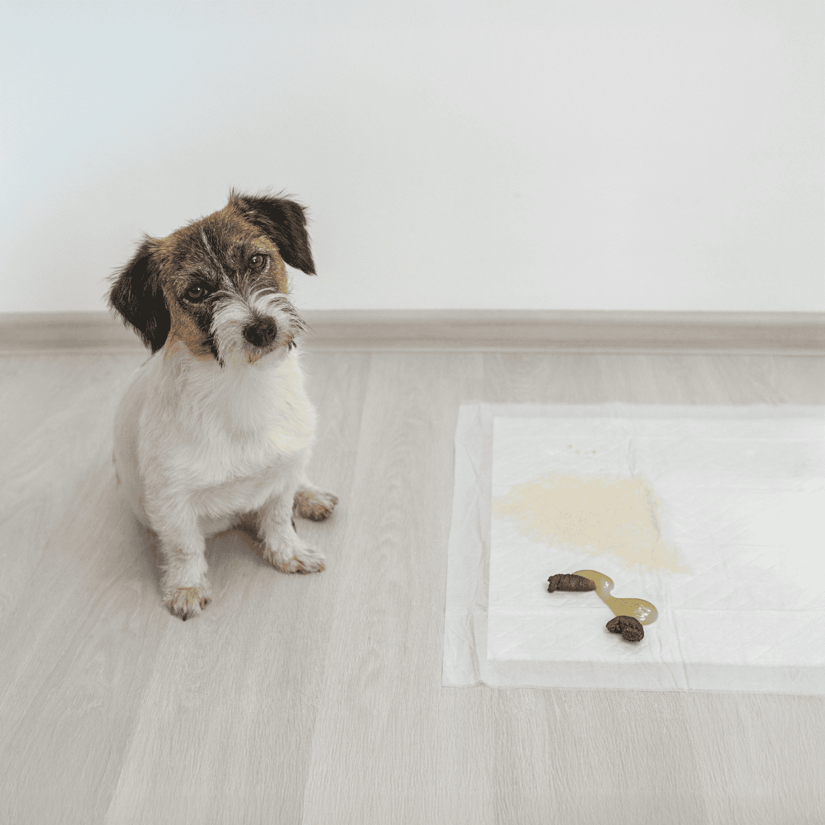 Dog with spoiled food and vomit on floor, pet hygiene, accidental mess, pet care.