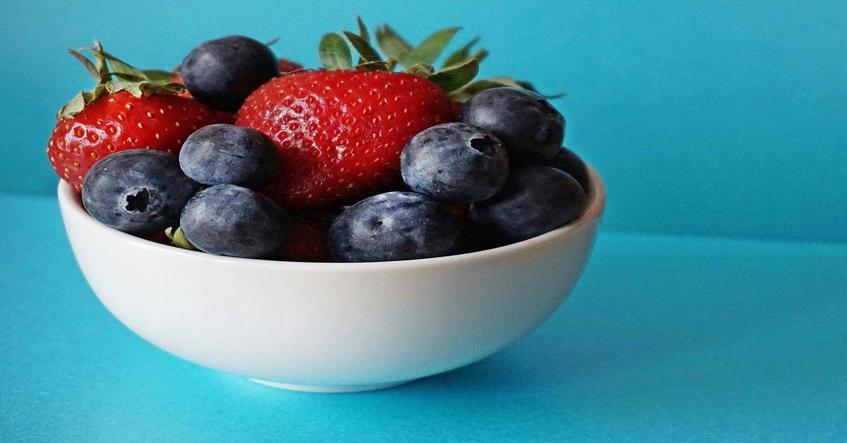 Fresh strawberries and blueberries in a white bowl for healthy dog treats.