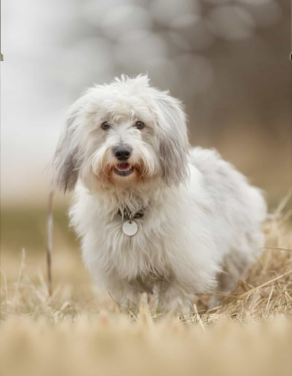 Cute white fluffy sheepdog outdoors, friendly and energetic.