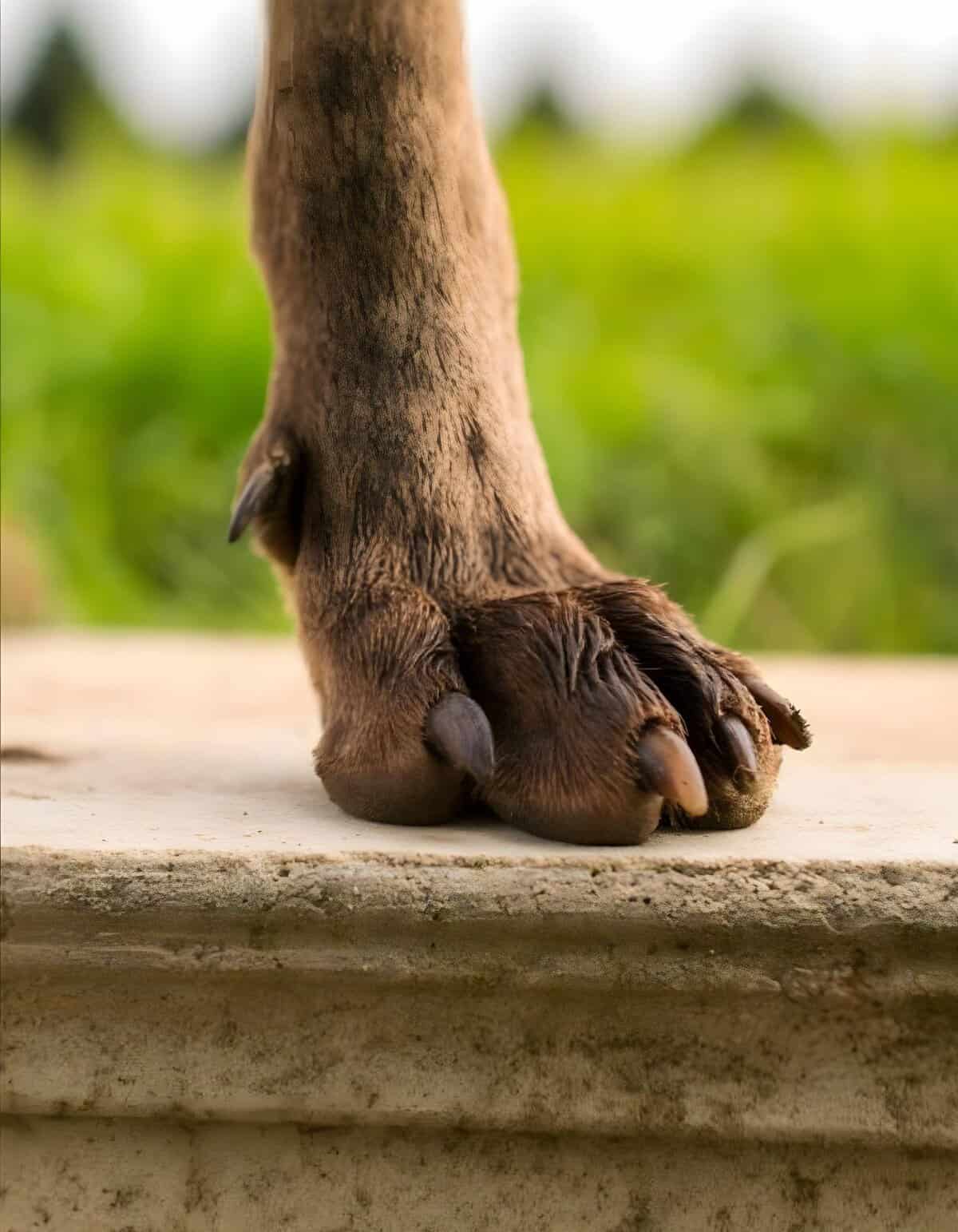 Close-up image of a dog's paw with visible nails and fur, emphasizing pet health and grooming.