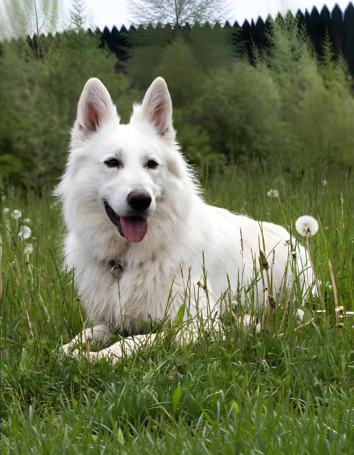 Beautiful white Swiss Shepherd dog resting in a lush green meadow with dandelions and a forest background.