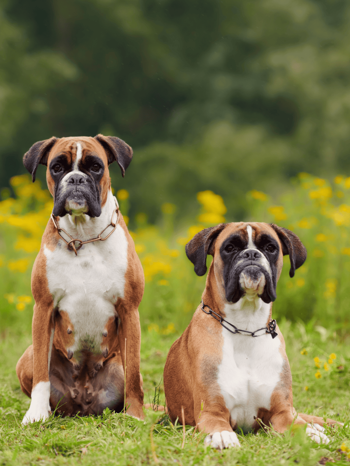 Adorable Bullmastiff puppies sitting on grass in a sunny field with yellow flowers, perfect for dog lovers and pet care enthusiasts.