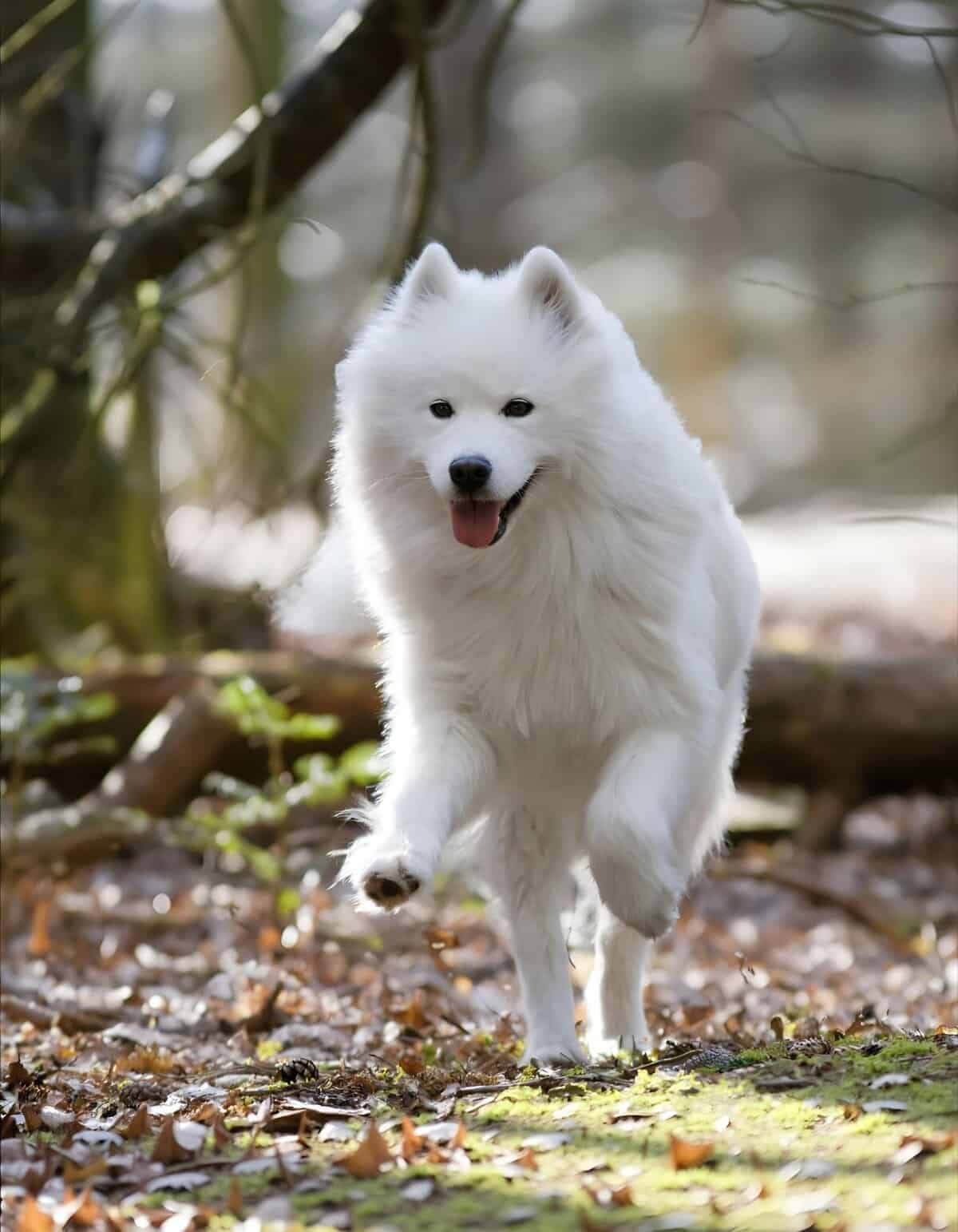 Adorable white dog happily running through a forest trail outdoors.