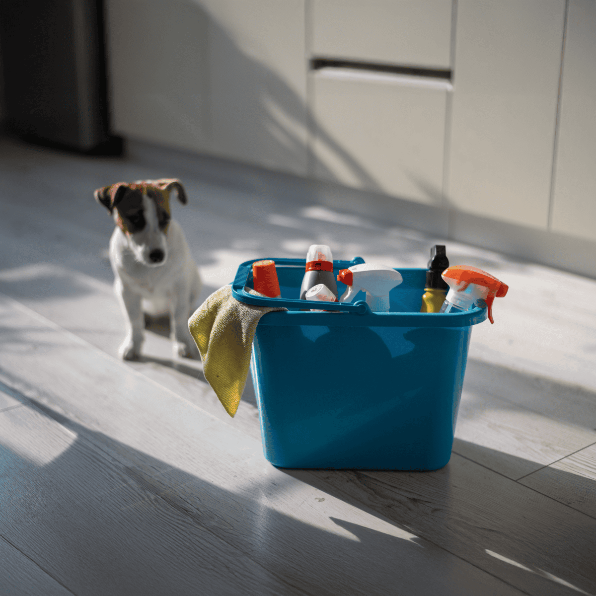 Dog grooming supplies in a blue bucket with cleaning sprays, brushes, and towel highlighting pet grooming services.
