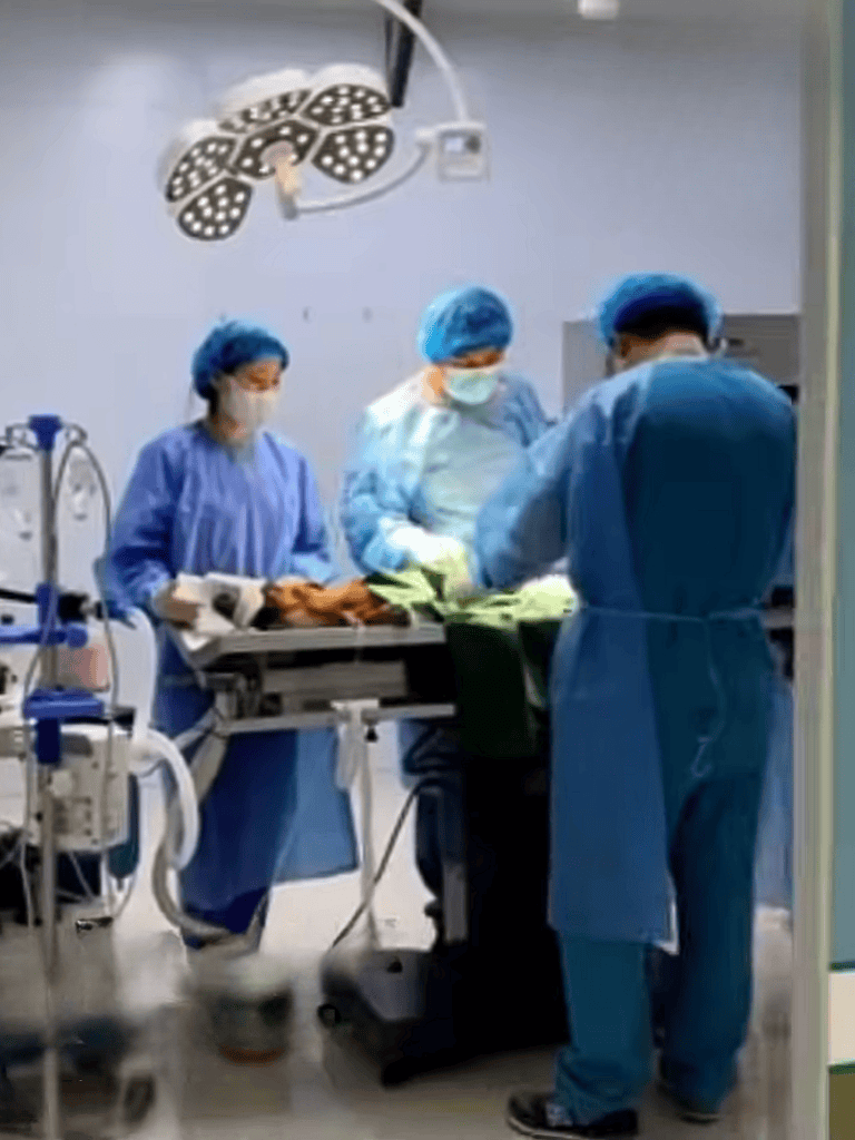Medical team performing surgery in hospital operating room.