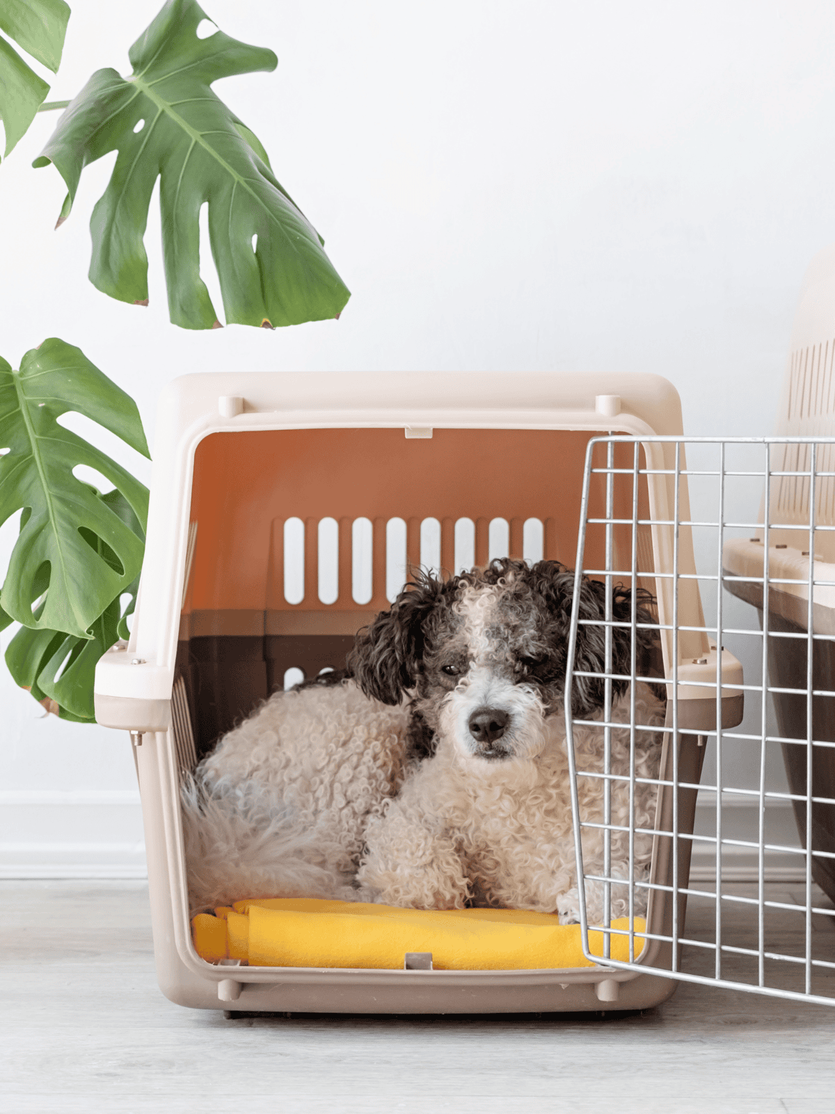 Adorable small dog resting inside a pet crate, highlighting safe and comfortable dog transportation and care.