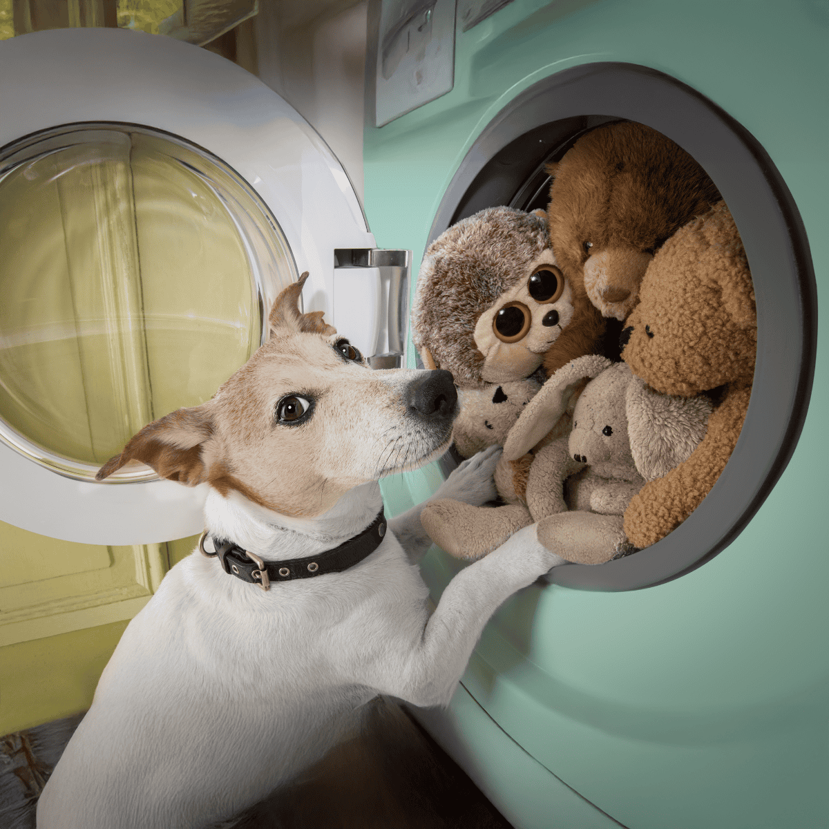 Dog with stuffed toys inside washing machine, pet laundry and grooming service concept.