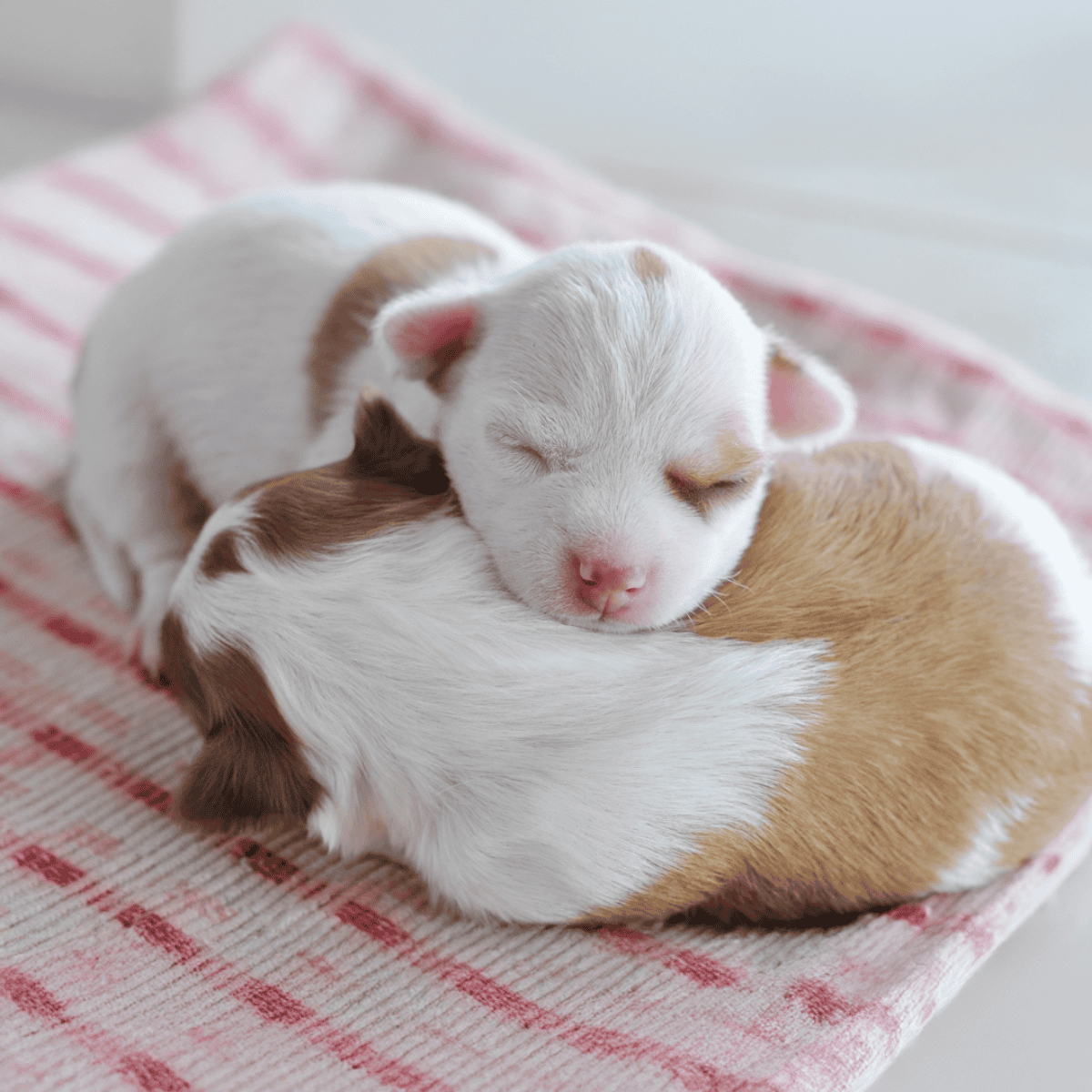 Adorable puppies cuddling and sleeping on a pink checkered blanket. Perfect for pet care and puppy love topics.