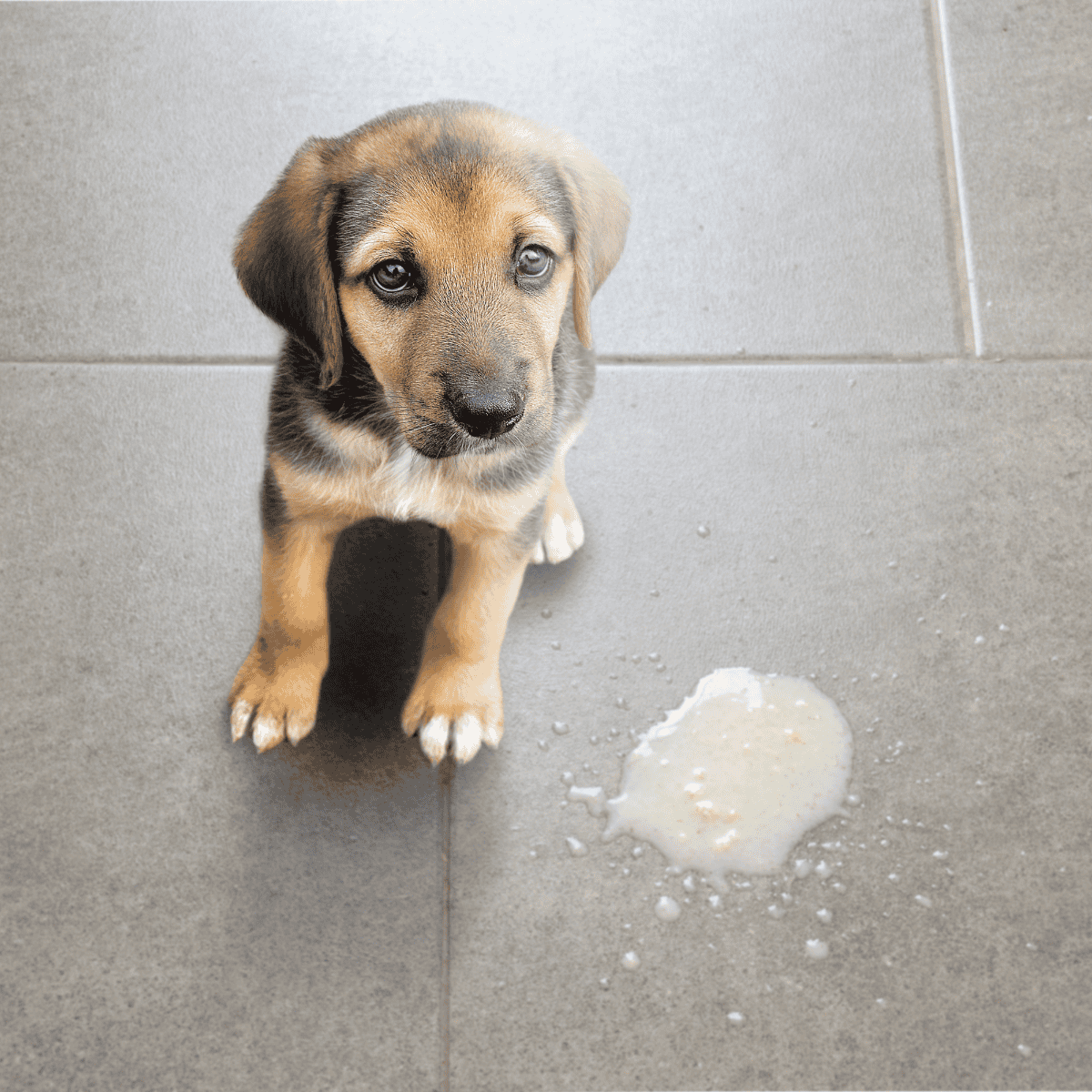 Adorable puppy with pee mess on tile floor, looking innocent and surprised.