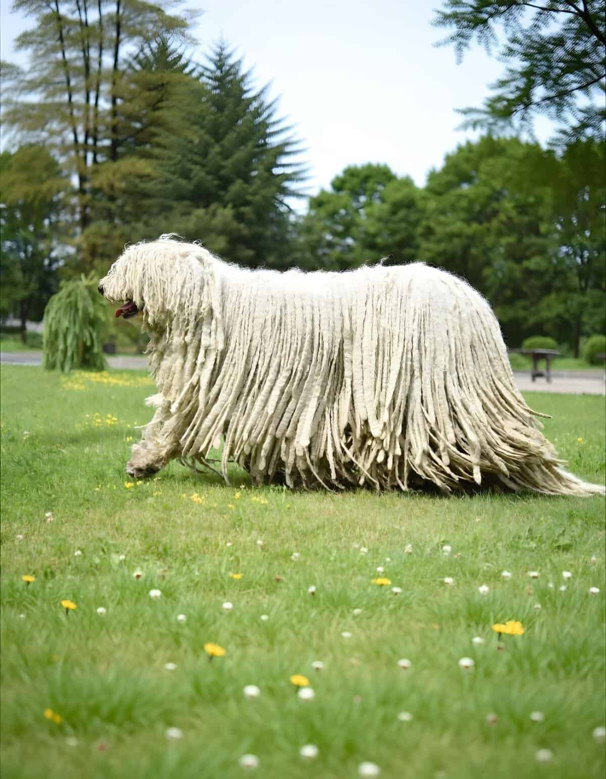 Dog with distinctive dreadlock fur walking on lush green grass in a park setting.